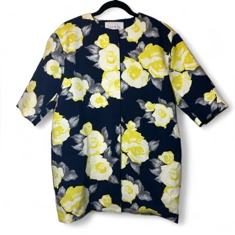 Lucy & Co.‎ Women Size M Navy Yellow Floral Quilted Hidden Snap Closure Jacket